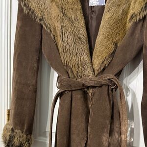 Vintage Suede Coat Penny Lane Brown Faux Fur lined Leather pockets belt 14 L XL